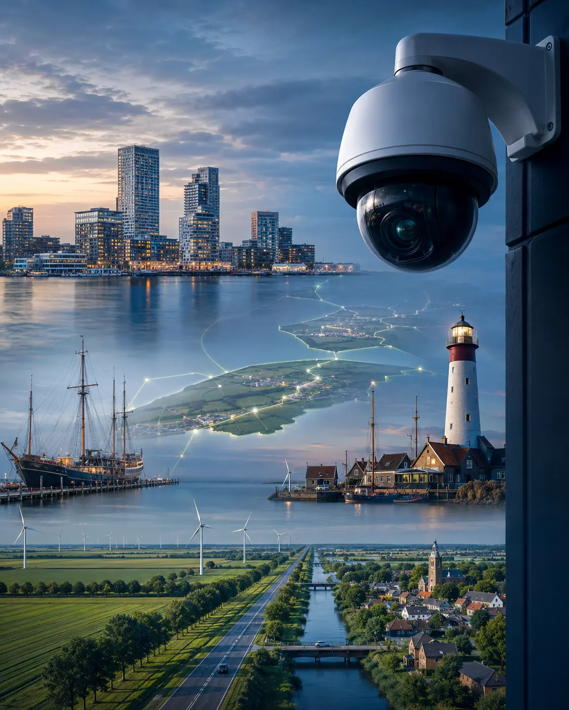 camerabeveiliging-flevoland-bedrijven-emc-solutions Professionele beveiligingscamera met herkenbare steden, dorpen en landschap van Flevoland