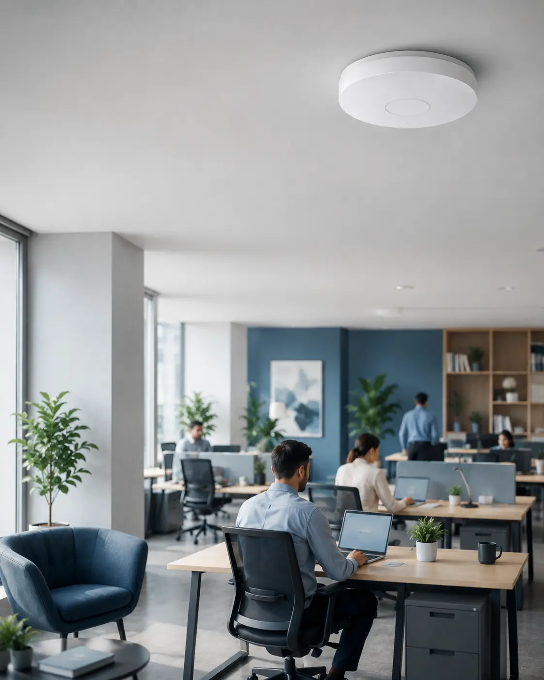 Zakelijk WiFi netwerk met plafond access point in modern kantoor