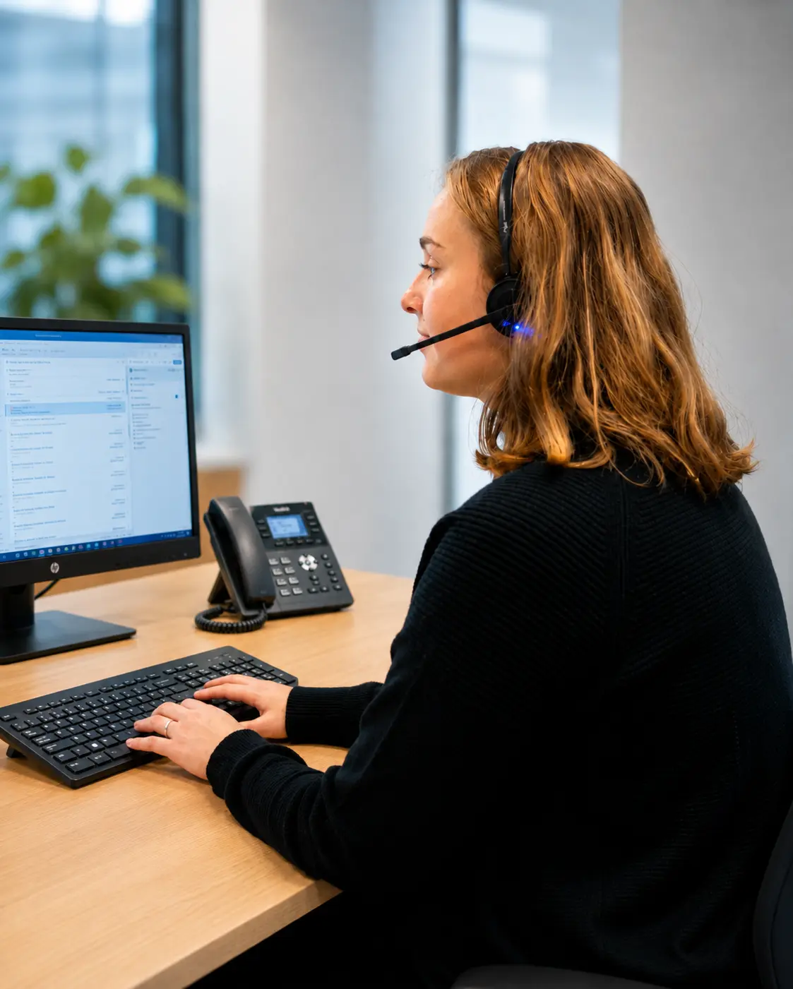 Medewerker gebruikt headset en zakelijke VoIP-telefonie op kantoor