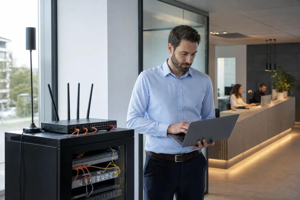 5G-back-up voor zakelijke continuïteit ICT-beheerder controleert een zakelijke 5G-back-upverbinding bij een netwerkrouter.