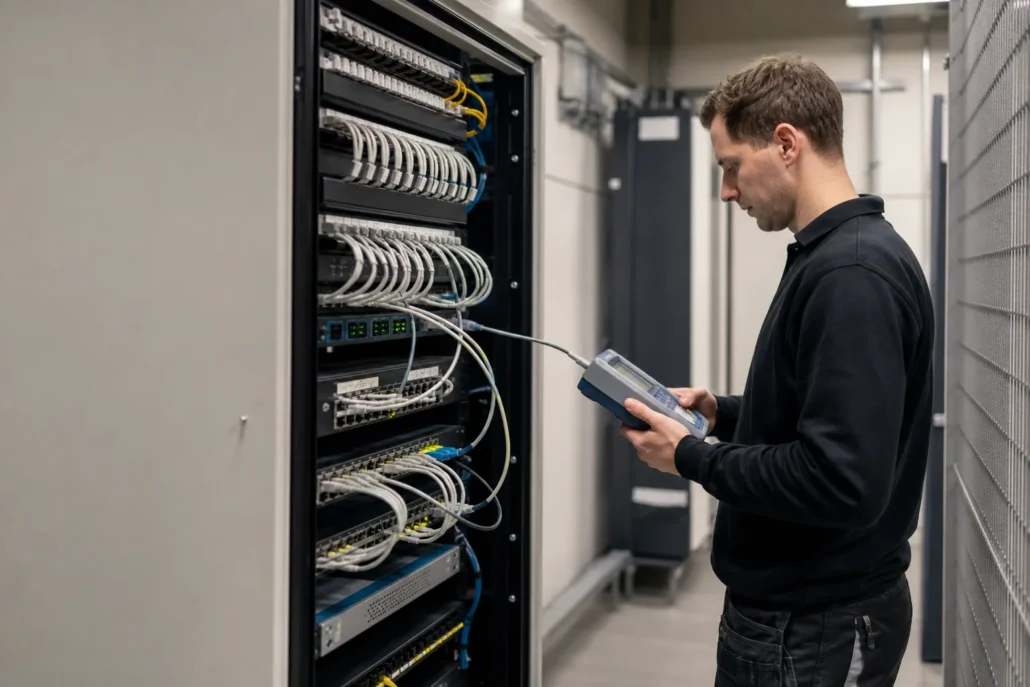 Bekabelde basis voor stabiele zakelijke WiFi Netwerkmonteur controleert bekabeling en PoE-switches voor stabiele zakelijke WiFi.