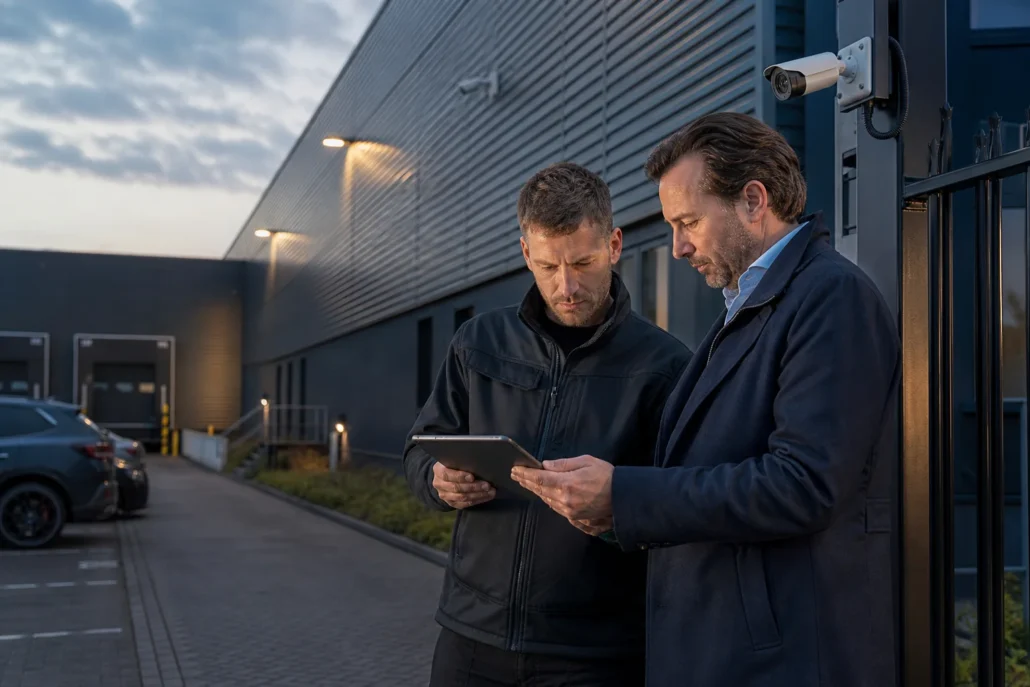 Technisch specialist en facilitair manager controleren cameradekking bij een bedrijfspand