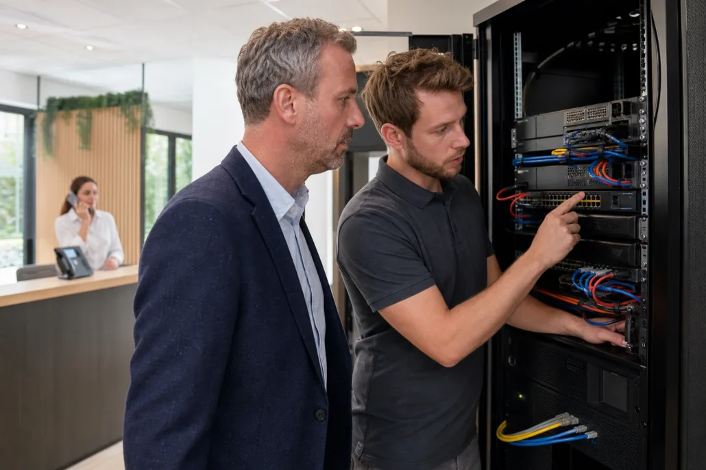 Cloudtelefonie bereikbaar houden tijdens een internetstoring ICT-beheerder en facilitair manager controleren telefonie- en netwerkcontinuïteit in een kantoor.