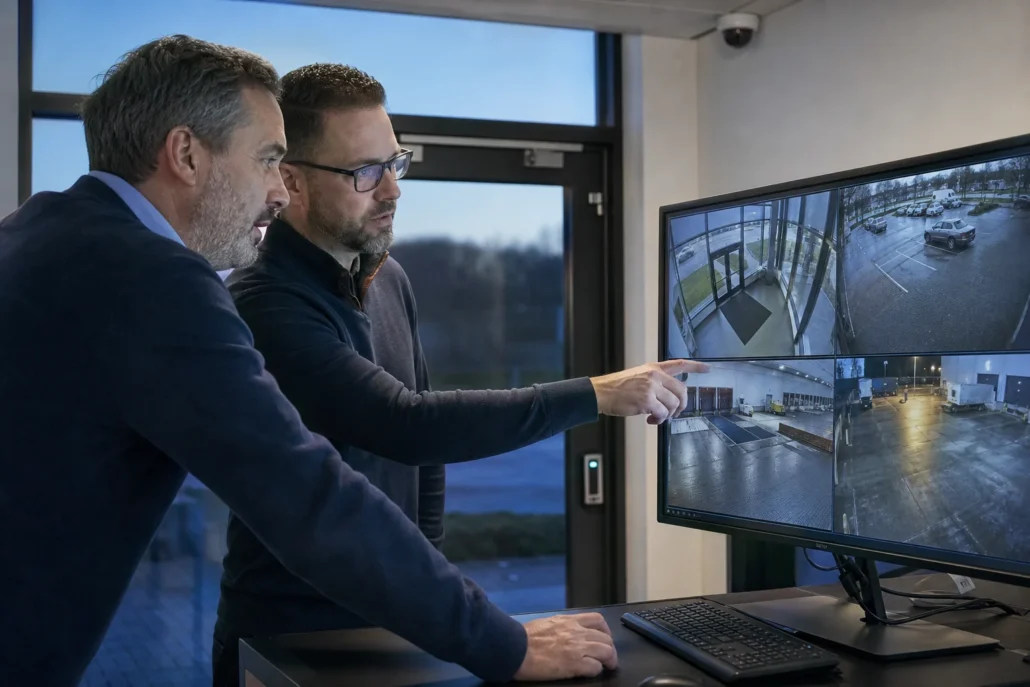 Camerabeelden beoordelen bij een bedrijfsincident ICT-beheerder en facilitair manager beoordelen camerabeelden van een bedrijfsentree en laadperron.