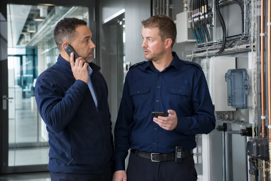 Medewerkers gebruiken DECT, smartphone en pager voor kritische communicatie in een bedrijfsgebouw.