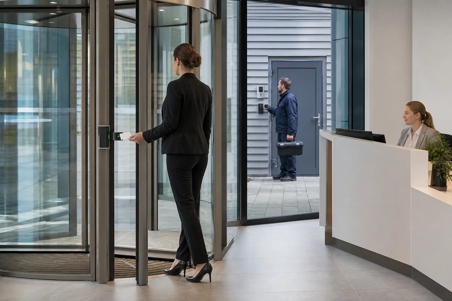 Medewerker, bezoeker en leverancier bij verschillende toegangsgebieden in een bedrijfspand.