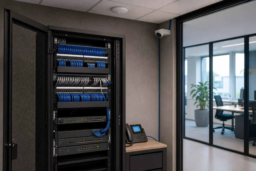 Beheerde PoE-switch in een netwerkkast voor camera’s, WiFi en IP-telefonie