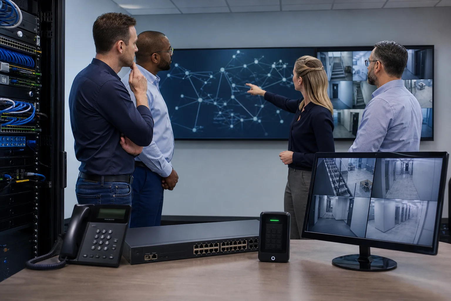Technisch team beoordeelt samen telefonie, netwerk en beveiliging in een bedrijfsomgeving.