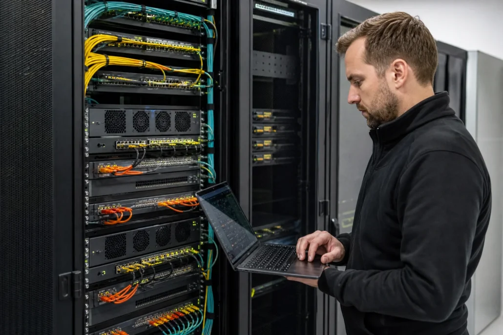ICT-beheerder controleert gescheiden internetverbindingen voor kritische systemen in een bedrijfsserverruimte.