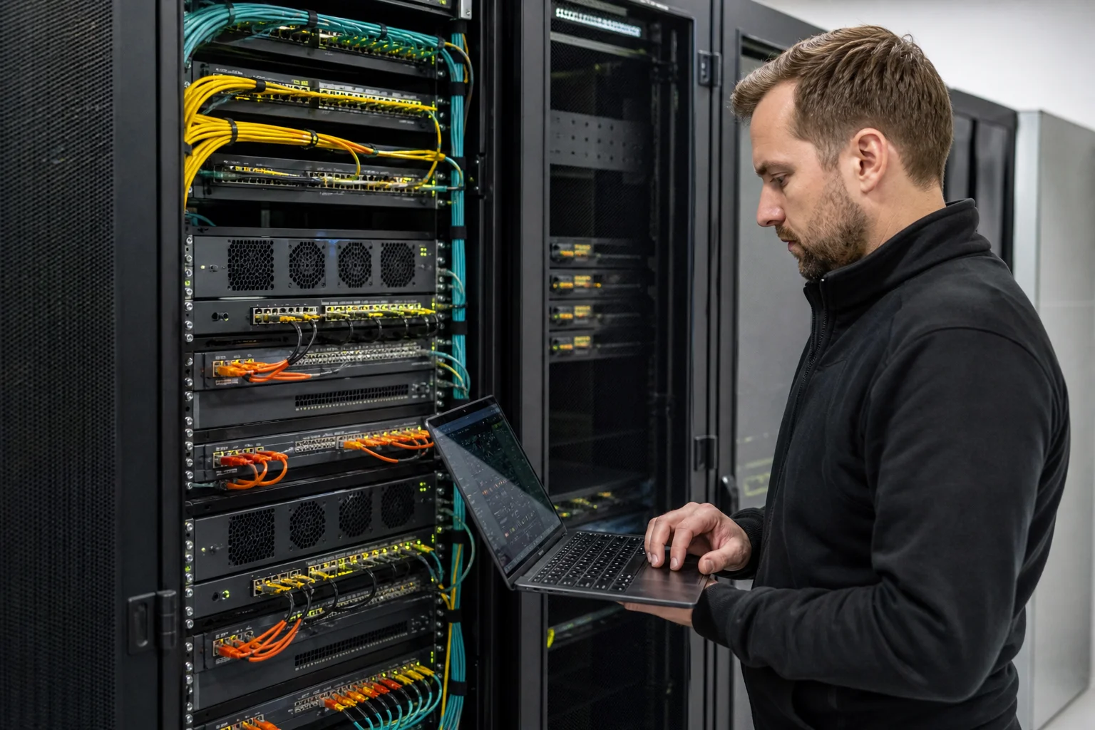 ICT-beheerder controleert gescheiden internetverbindingen voor kritische systemen in een bedrijfsserverruimte.