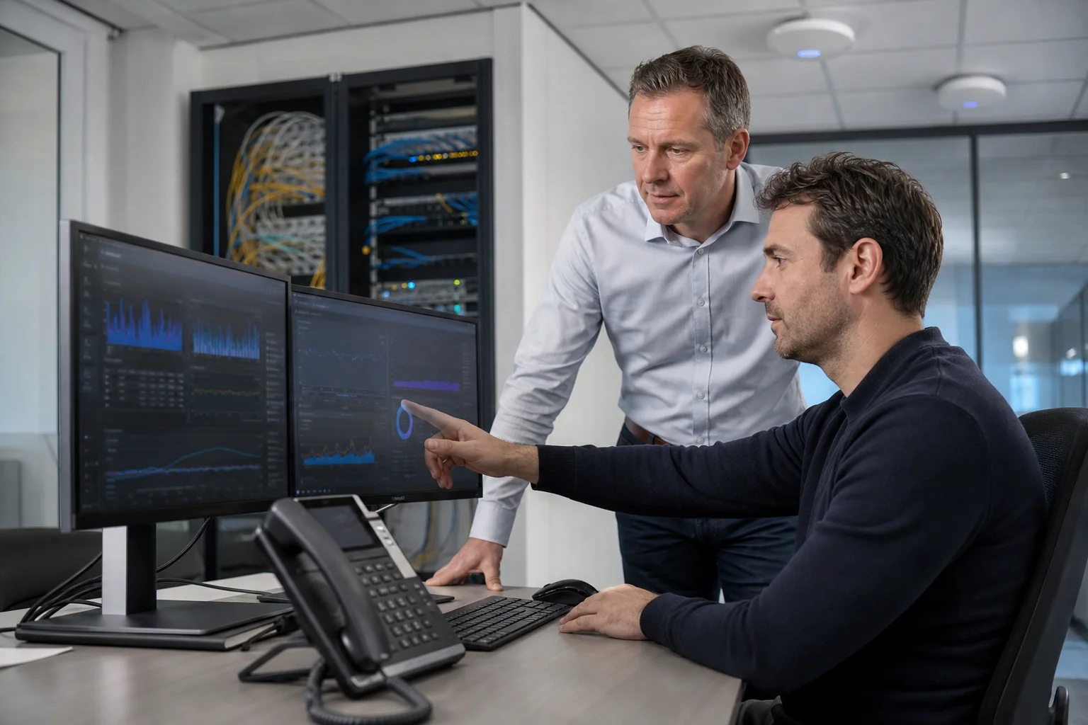 ICT-specialist analyseert netwerkprestaties voor betrouwbare cloudtelefonie op kantoor.